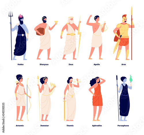 Greek gods. Mythology goddess collection. Cartoon olympians, zeus aphrodite dionysus. Isolated tale stylish characters vector illustration. Greek goddess collection, ancient mythology