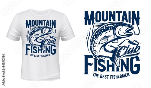 Salmon or trout fish print t-shirt mockup, fishing sport club. Vector. Fisher sport club big fish catch salmon on hook in ocean wave. Mountain river or lake fishing, hobby and leisure apparel print