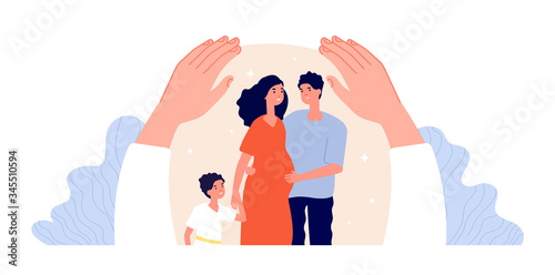 Family protection. Children adult support, patient protected. Hand hug people. Pregnant woman, father and mother. Parenthood vector concept. People family care, couple protect illustration