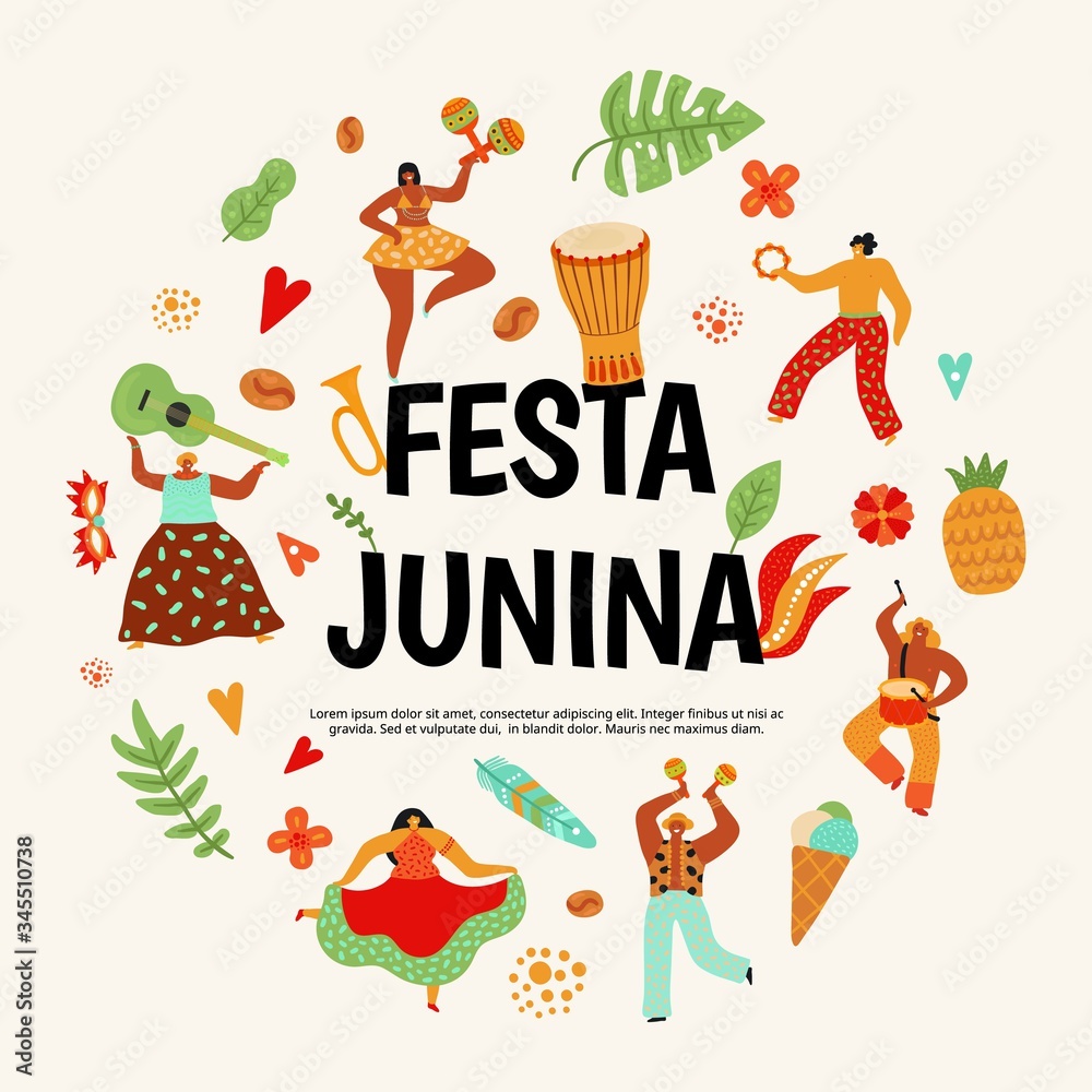Festa Junina poster. Latin dancing party, traditional brazil carnaval in June. Dance people, musical instruments guitar, drum maracas. Festive vector illustration. Festa june party, brazil festival