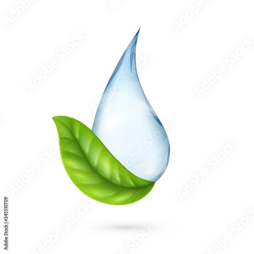 Clean water logo. Realistic water drop with green leaf. World environment day. Industrial purification aqua, isolated blue droplet vector illustration. Aqua leaf, nature clean liquid, fresh eco blue
