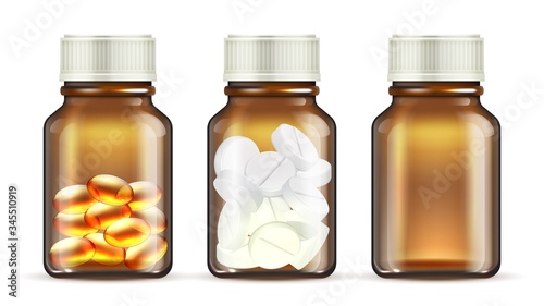 Medicine glass bottles. Realistic pills bottle. Isolated transparent medication packaging vector mockup. Medical bottle with medication, container glass transparent illustration
