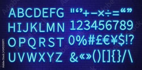 Neon font. blue letters numbers marks on brick wall. colorful glow typography, futuristic abc. decorative typeface alphabet vector illustration. Letter alphabet electricity glowing, number illuminated