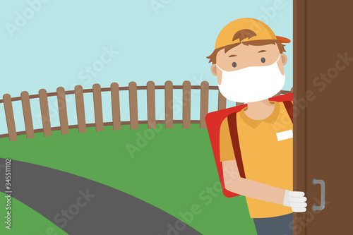 Courier in face mask. Food delivery during quarantine. Vector illustration.