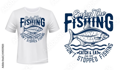 Crucian fish t-shirt print mockup template, fishing sport vector design. Sport club of big crucian fish, blue sea wave and Enjoy Fishing quote for white apparel custom design