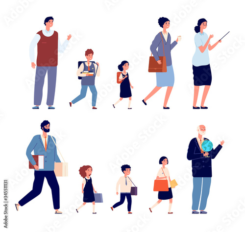 Back to school characters. Education teens, children preparing studying. Isolated college pupils, teenagers and teachers vector illustration. Back to school together, children and teachers character