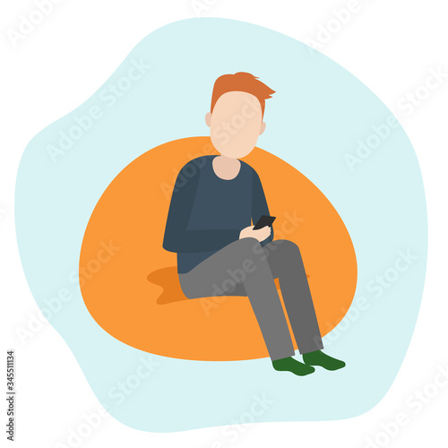 Man sit with smartphone on floor pillow. Smartphone addiction. Vector illustration.