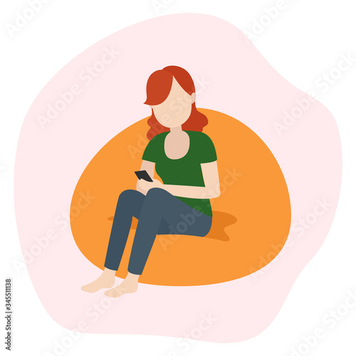 Woman sit with smartphone on lounge chair. Smartphone dependency. Vector illustration.