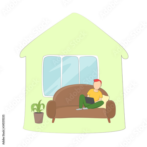 Man sitting on couch with laptop in his house. Vector illustration.