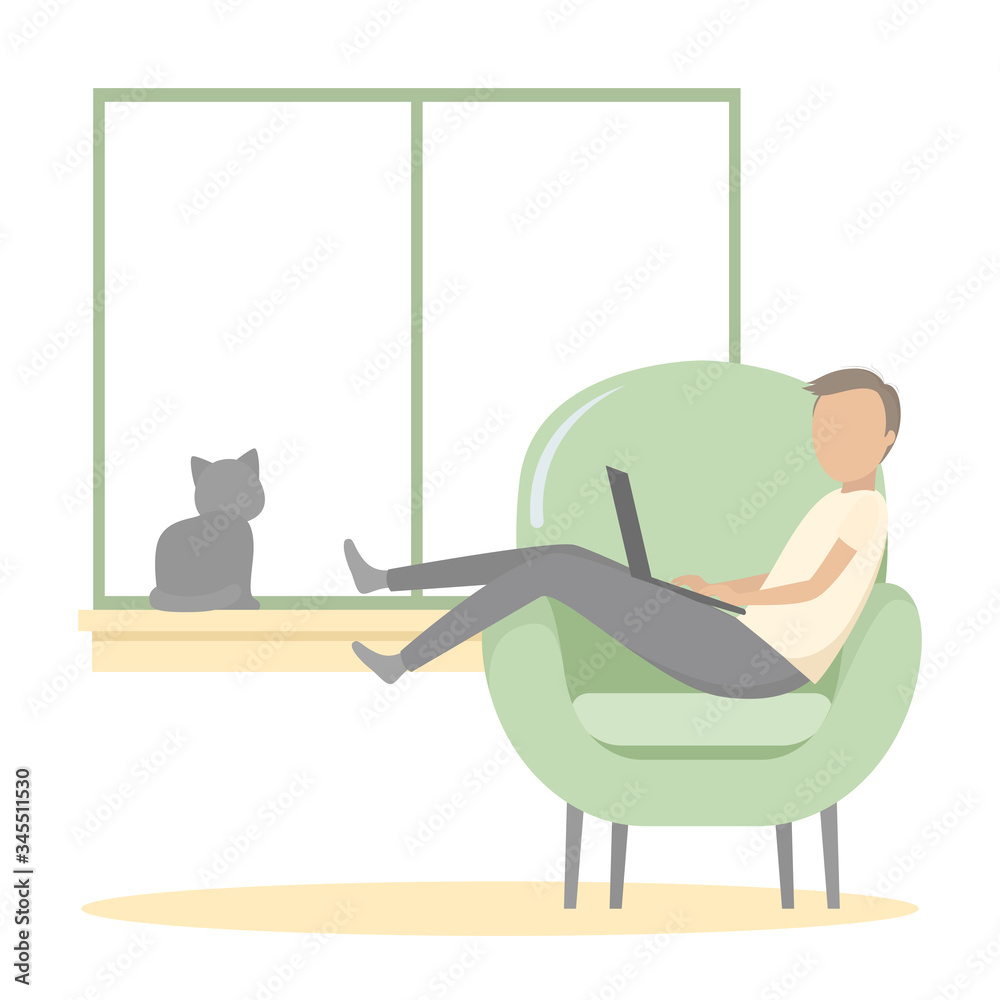 Fototapeta premium Man relaxing in armchair with laptop. Vector illustration.