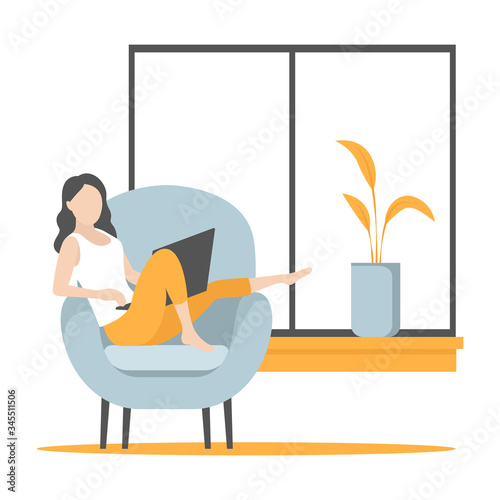 Woman relaxing in armchair with laptop. Vector illustration.
