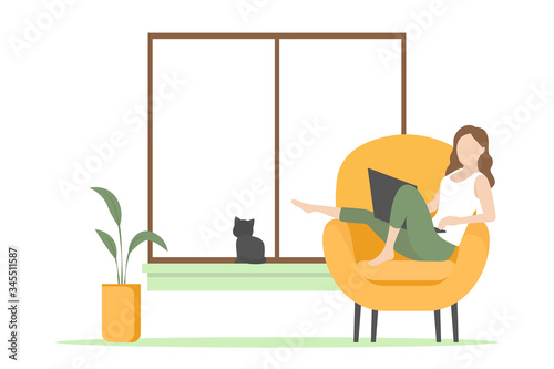 Woman freelancer working on laptop in armchair. Vector illustration.