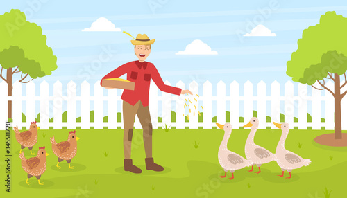 Male Farmer Feeding Poultry, Man Working at Farm, Summer Rural Landscape Vector illustration