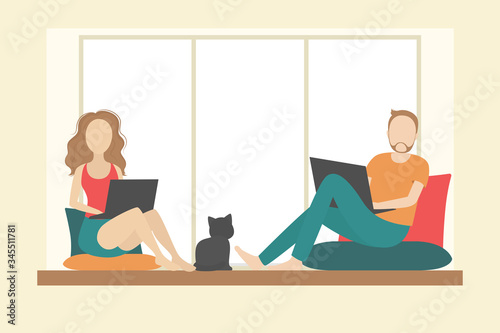 Man and woman sitting on windowsill with laptops. Vector illustration.