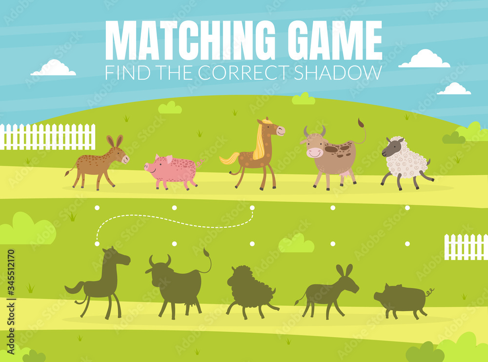Find the Correct Shadow, Educational Matching Game for Kids with Cute Farm Animals Vector illustration