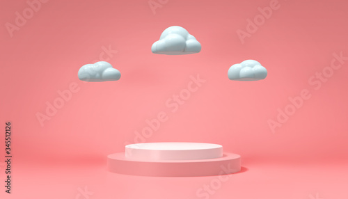 3D illustration podium in cylinder showcase stand and cute cloud  abstract minimal concept with pink background  Geometric shape in pastel color. product presentation and display