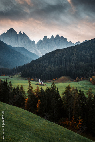 Wonderful autumn landscape at St Johann Church, Santa Maddalena, Val Di Funes, Dolomiti Mountains, Italy