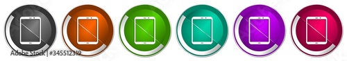 Tablet, mobile, phone, smartphone icon set, silver metallic chrome border vector web buttons in 6 colors options for webdesign