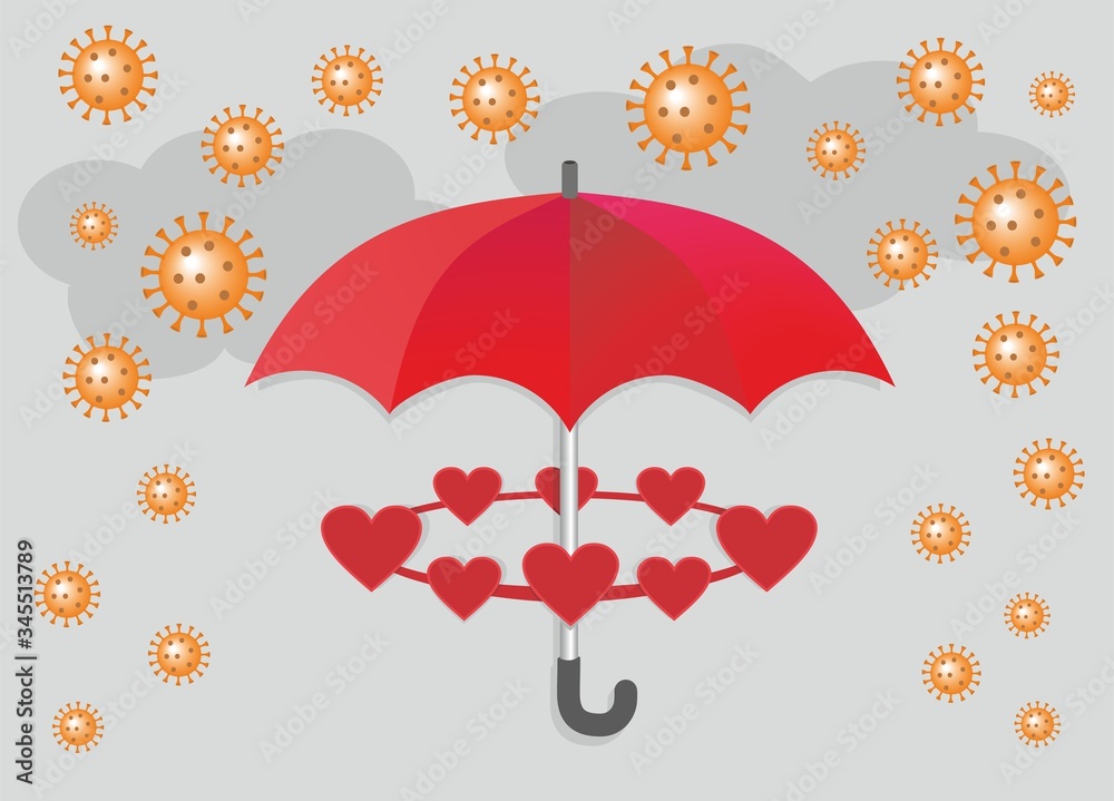 Red umbrealla with linked hearts, corona rain. Vector illustration. Red umbrealla with linked hearts, corona rain. Vector illustration.
