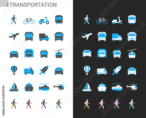 Transportation icons light and dark theme. Pixel perfect.