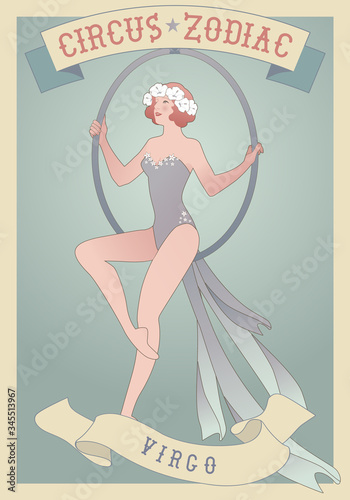 Zodiac Circus. Virgo sign. Young trapeze artist girl sitting on a hoop