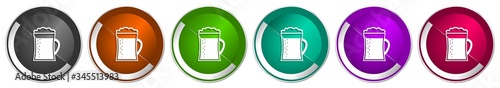Beer in mug icon set, lager, drink silver metallic chrome border vector web buttons in 6 colors options for webdesign