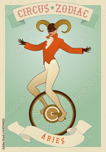 Zodiac Circus. Aries sign. Tightrope walker wearing horns acting on unicycle