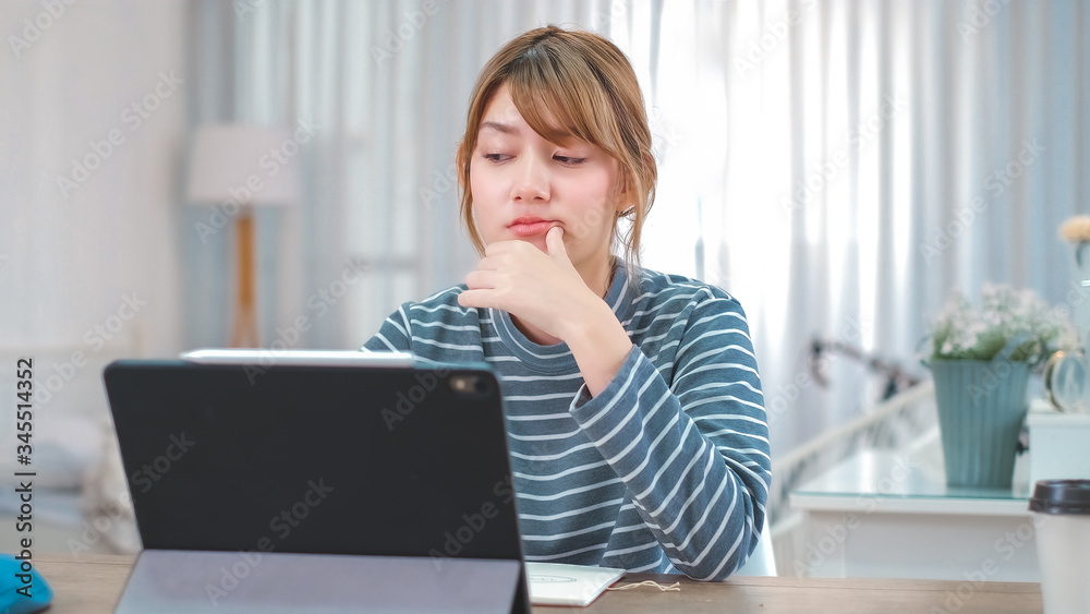 Online Group Video Call Conference of Team from Home Office.Smiling young asian woman blogger vlogger influencer at home speaking.online with internet teacher learn language talk . Online Group Video Call Conference of Team from Home Office.Smiling young asian woman blogger vlogger influencer at home speaking.online with internet teacher learn language talk .