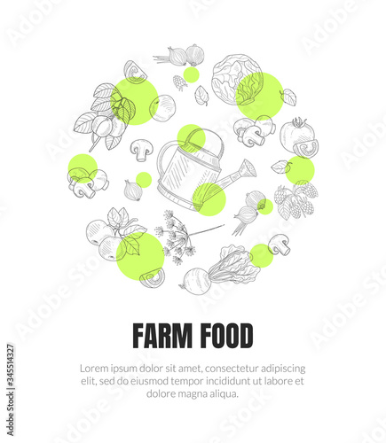 Farm Food Banner Template with Hand Drawn Vegetables Seamless Pattern of Round Shape Vector Illustration