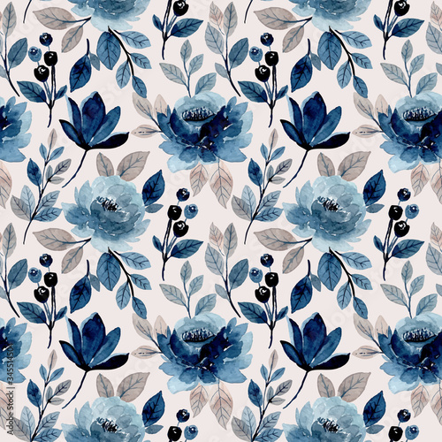 blue floral seamless pattern wit watercolor