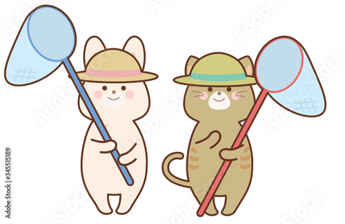 虫とりをするうさぎと猫　セット