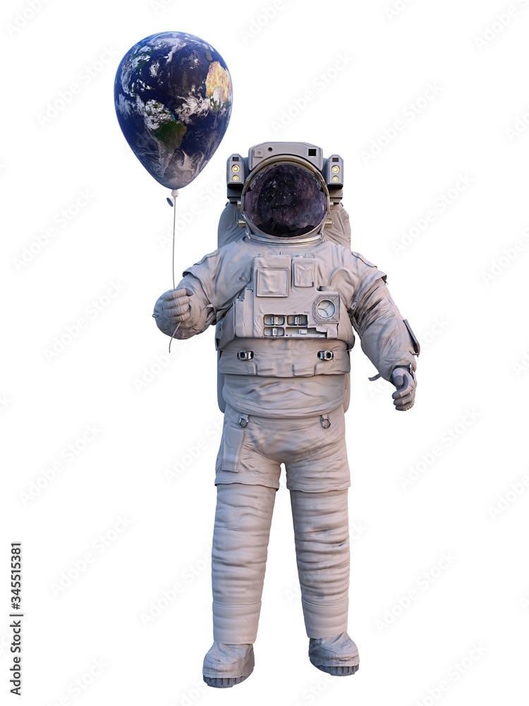 astronaut with planet Earth balloon isolated on white background