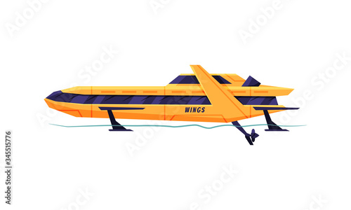 Power Boat or Speedboat  Yellow Sailboat  Modern Nautical Motorized Transport Vector Illustration