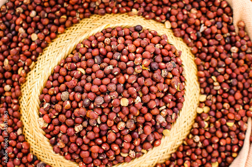 Cajanus canjan bean seeds  texture in basket top view background photo