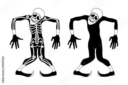 Dancing actor in skeleton costume & skull mask. The day of the dead & halloween holiday. Vector illustration with black silhouette isolated on white background in cartoon, flat & hand drawn style.
