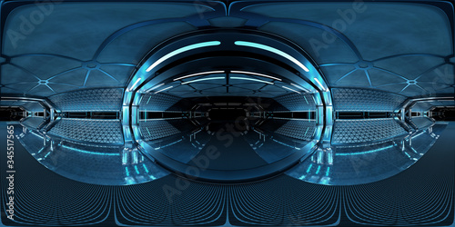 Fototapeta Naklejka Na Ścianę i Meble -  High resolution HDRI panoramic view of dark spaceship interior. 360 panorama reflection mapping of a futuristic spacecraft room 3D rendering
