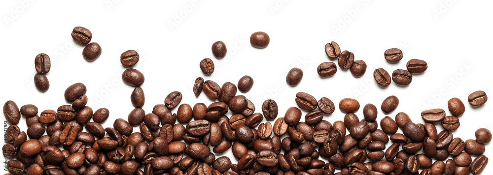 Roasted arabica coffee beans isolated on white background. Group of brown grains.