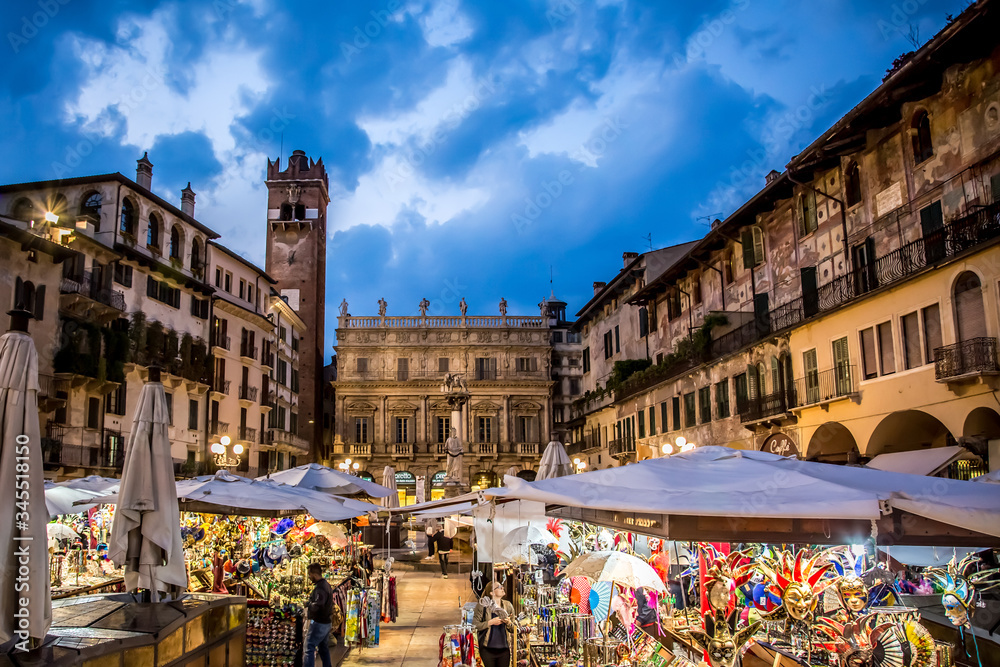 Fototapeta premium View of the Piazza delle Erbe in the evening. Verona, Veneto, Italy
