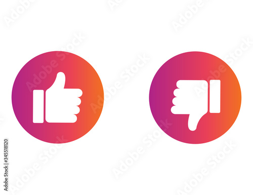 Thumb up and down in colorful gradient design. Ok and negative symbol. Positive or bad choice. Isolated illustration of like or dislike icon. Social button of decision. Insta style. Vector EPS 10.