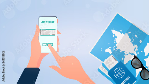 A girl buys a ticket through the phone. Online ticket purchase. Hands with a phone close-up.  Vector.
