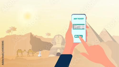 Online ticket purchase to Egypt. Buying a ticket through a smartphone. Egyptian pyramids, sphinx, caravan of camels, desert. Vector.