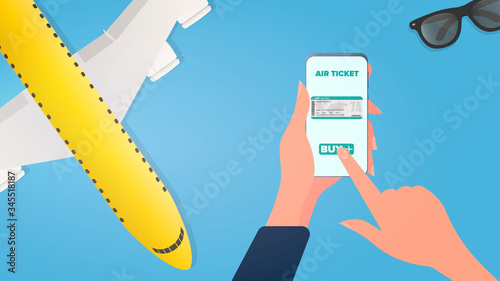 A girl buys a ticket through the phone. Online ticket purchase. Hands with a phone close-up.  Vector.