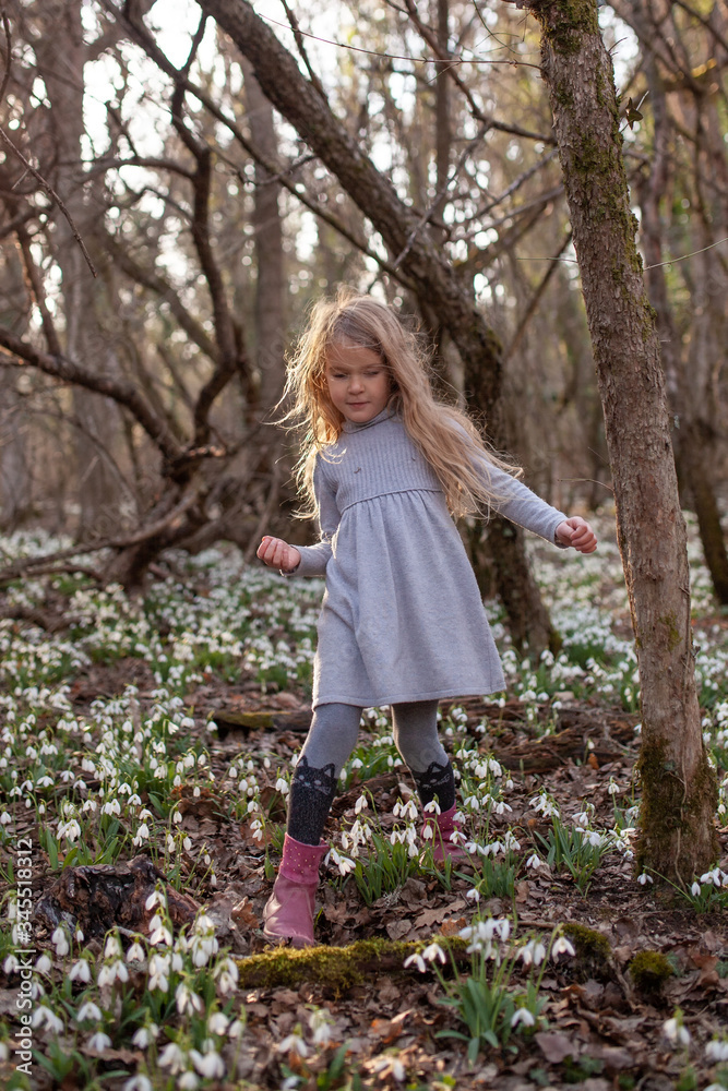 Little pretty girl in a clearing of snowdrops. A child walks in the spring forest.