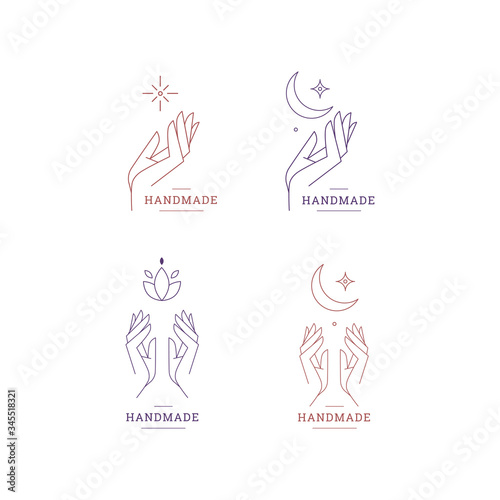 Set of logos for business in the industry of beauty, health, personal hygiene. Beautiful picture of hands. Logo of a beauty salon, health industry, makeup artist, cosmetologist, massage therapist.