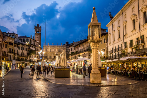 View of the Piazza delle Erbe in the evening. Verona, Veneto, Italy