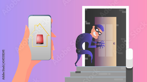 The thief is trying to get into the house through the door. Security at home. Alert. Safety and security concept. Vector.