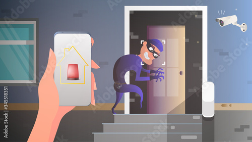 The thief is trying to get into the house through the door. Security at home. Alert. Safety and security concept. Vector.