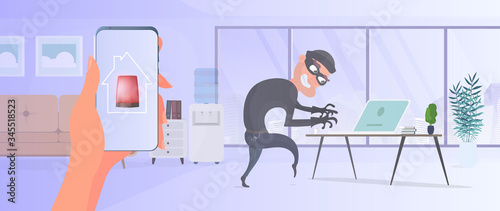 Thief in the office. A robber steals data from a laptop. Thief man robbing a house. Alarm on mobile phone. Security concept. Robbery at home. Flat style vector illustration.