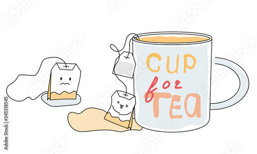 tea, tea bag, tea mug, squeezed, used tea, fright, confusion, friend, sketching, vector illustration, flat illustration photo