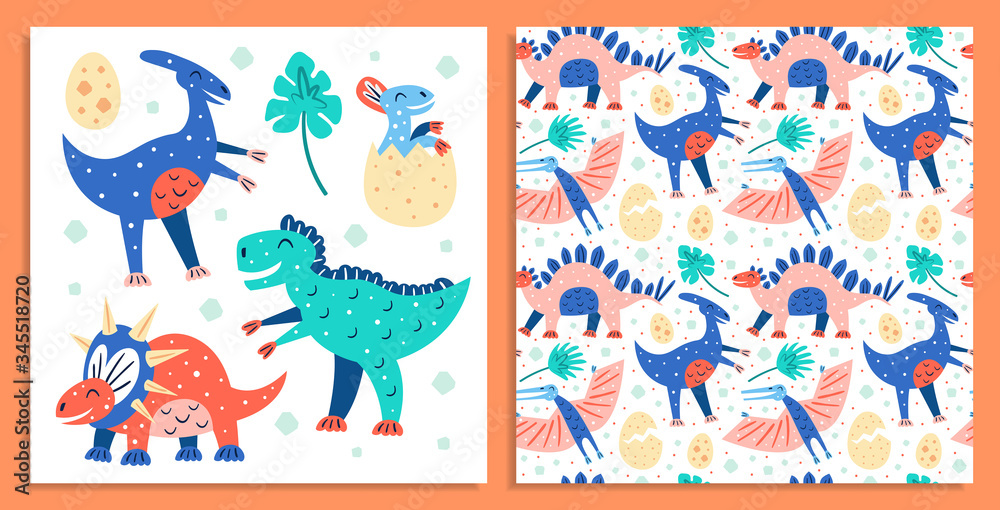 Set of little cute dinosaurs. Triceratops, T-rex, Parasaurolophus. Postcard. Prehistoric animals. Jurassic world. Flat colourful vector illustration icon sticker isolated on orange backgrground.